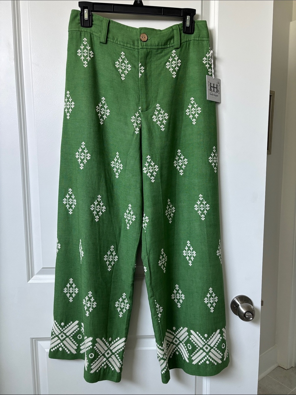 Haute Hippie Green Wide-Leg Embroidered Pants